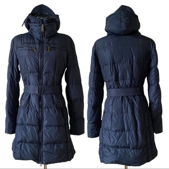 ADD DOWN Size 4 Navy Blue Puffer Belted Coat Detachable Snap Button Hood - Picture 1 of 16